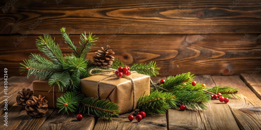 Aufkleber a rustic christmas present wrapped in brown paper with twine and decorated with red berries sits nes