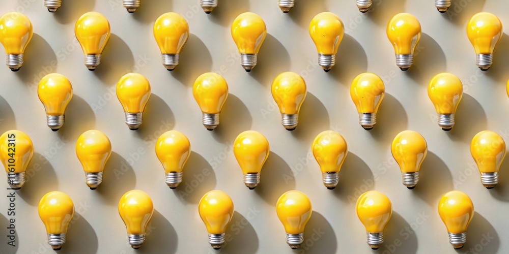 Poster A Repeating Pattern of Yellow Light Bulbs Arranged in a Grid on a Light Grey Background, Creating a Visual Representation of Ideas, Innovation, and Creativity.