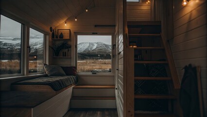 Fototapeta premium Cozy tiny house interior with scenic mountain view and warm lighting