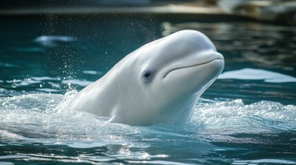 Naklejka premium Adult Beluga Whale, also known as the White Whale, emerges gracefully from the water, showcasing the distinctive features of the Beluga Whale in its natural habitat.