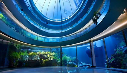 Obraz premium Stunning Oceanarium Interior Circular Architecture Underwater Views Marine Life