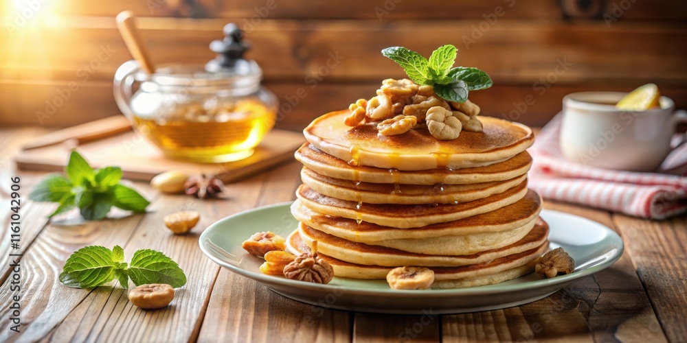Poster a stack of golden pancakes drizzled with honey, topped with crunchy nuts and fresh mint, resting on 