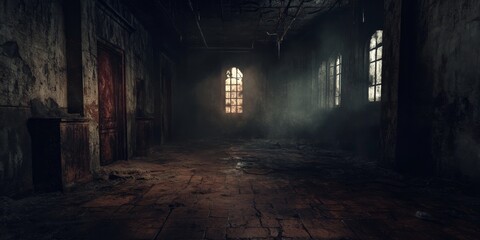 Fototapeta premium A dark and mysterious room exudes an eerie atmosphere, featuring decaying walls and a rotting floor, creating a haunting scene ideal for those who appreciate a spooky environment.