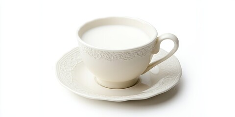 Obraz premium Creamer filled with milk placed on a saucer, beautifully isolated against a white background, showcasing the elegance of the white creamer in a pristine setting.