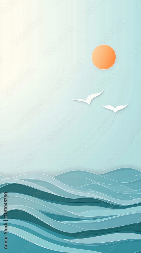 Fototapete Stylized sun rises over soft waves with ample copy space for personalized text. Generative AI
