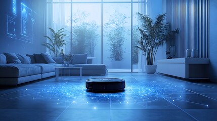 Smart robot vacuum cleaner cleaning modern living room floor with holographic interface.