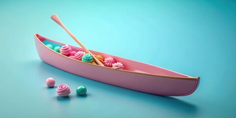 A pink canoe filled with colorful balls and pastel-colored swirls, floating on a turquoise background.