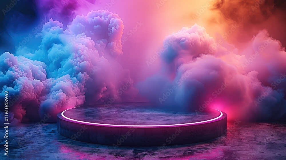 Canvas Prints empty round cylinder pedestal display or podium platform with neon explosion blast background.