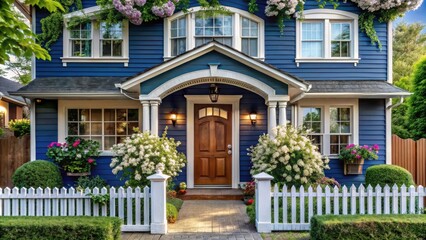 Fototapeta premium A charming blue house with a wooden front door and white picket fence surrounded by lush greenery and blooming flowers.