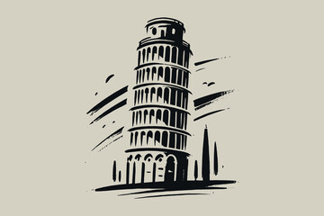 Minimalistic brush style illustration of the Leaning Tower of Pisa in black and white