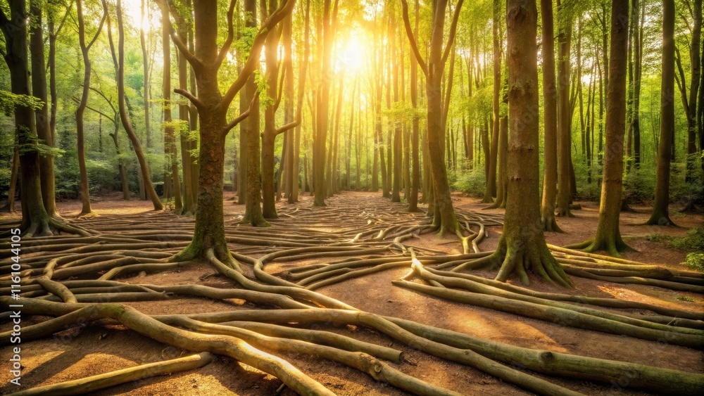 Poster Sunlight filters through a canopy of trees, illuminating the intricate web of exposed roots that weave across the forest floor.