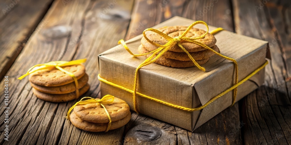 Aufkleber rustic gift box wrapped in brown paper and tied with yellow string, accompanied by a stack of cookie