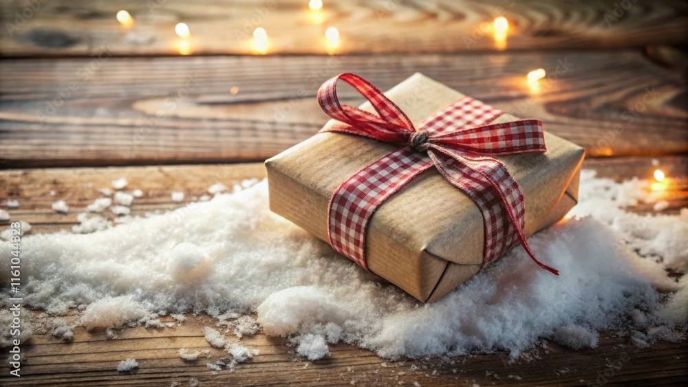 Poster a rustic christmas gift box adorned with a red gingham bow nestled in a bed of artificial snow on a 