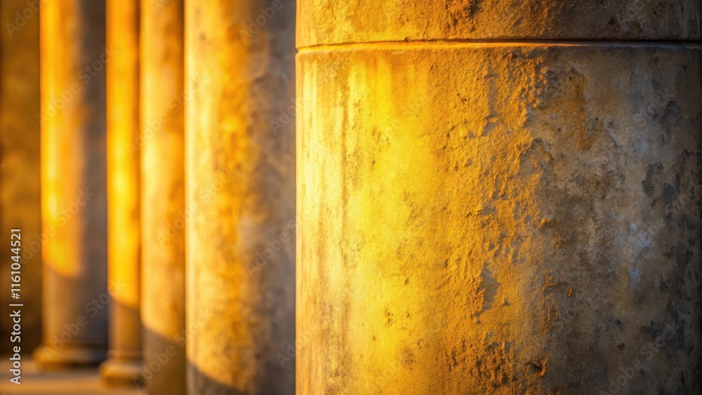 Poster a close-up view of a weathered stone column bathed in the warm glow of the setting sun, showcasing t