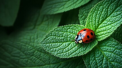 Ladybug Resting on Lush Green Mint Leaf