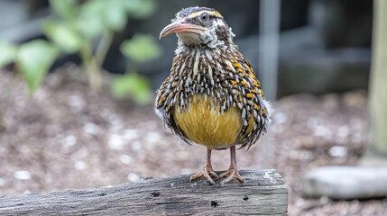 Distressed bird with ruffled feathers on weathered wooden perch, symbolizing avian disease and wildlife health issues.
