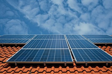 Solar panels on a red tile roof under a partly cloudy sky.