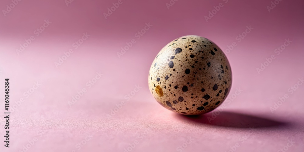 Poster a single speckled egg on a soft pink background, showcasing its intricate patterns and delicate text