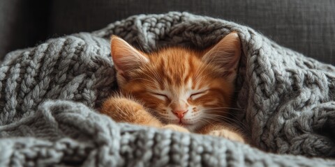 Ginger kitten peacefully sleeping on a couch beneath a cozy knitted blanket. This adorable baby cat enjoys a restful nap time, embodying the charm of young, cute, and funny domestic animals at home.