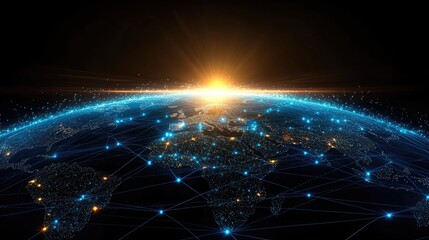 Global network connections illuminated by sunrise over earth