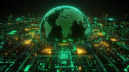 Fototapeta premium Futuristic digital earth with glowing circuitry in a neon cityscape