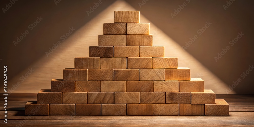 Poster wooden blocks stacked in a pyramid shape, illuminated by a spotlight, representing growth and stabil