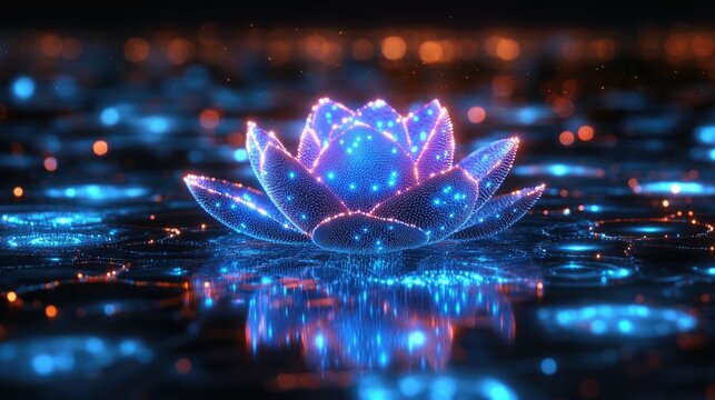 Luminous digital lotus displaying bioluminescent glow in tranquil water