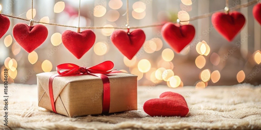 Poster a romantic gift box wrapped in brown paper with a red ribbon, adorned with a single red heart, nestl