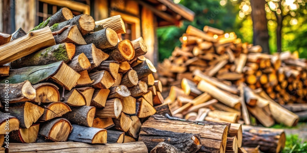 Poster A Close-Up View of a Stack of Firewood Logs, Each Piece Showing Unique Grain Patterns and Textures, with a Defocused Background of Additional Wood