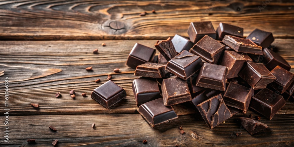 Poster A heap of dark chocolate squares sits on a rustic wooden surface, creating a rich and inviting scene for a chocolate lover.