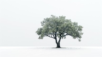 Solitary tree in a snowy landscape, serene and peaceful, minimalist style.