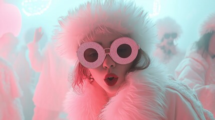 Dancers in winter wonderland outfits enjoy a vibrant rave with misty neon lights and festive vibes