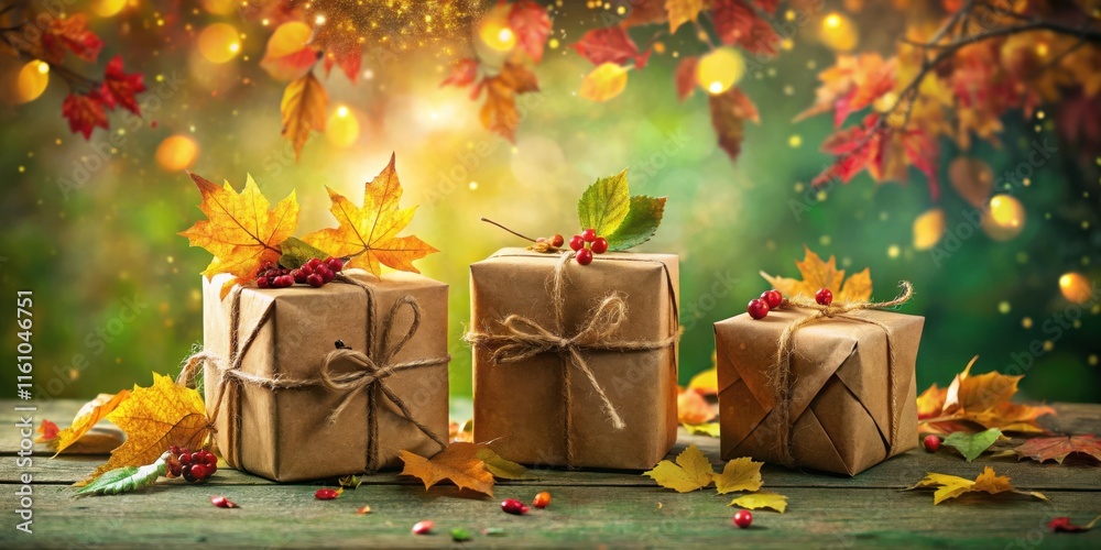 Poster autumnal gift boxes wrapped in brown paper with twine and adorned with fall foliage and berries