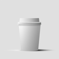 Realistic blank mock up paper cups with plastic lid. Coffee to go, take out mug. Vector illustration isolated