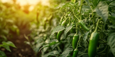 Obraz premium Fresh green chillies growing abundantly on the farm, showcasing the vibrant and spicy nature of chillies. This farm captures the essence of green chillies and their cultivation process.