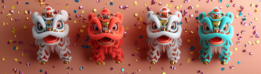 Obraz premium Happy Chinese New Year. Colorful lion dance figurines on a festive background with confetti.