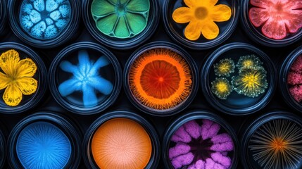 Colorful floral patterns in circular containers display variety and beauty