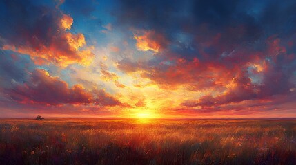Fototapeta premium Majestic Sunset Over Serene Field with Colorful Clouds - Generative AI