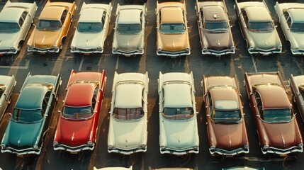 Fototapeta premium Rows of classic cars, top view.