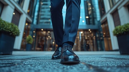 man walks confidently on clean pavement in tailored navy trousers and bespoke black brogues sleek glass office building in background.