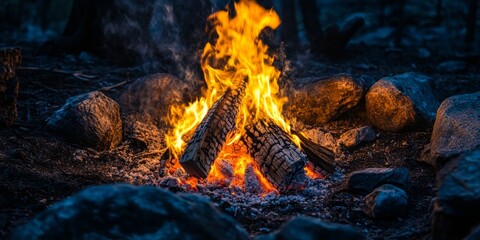 Vibrant golden flames illuminate the night from a campfire, creating a warm and inviting atmosphere as bright flames dance and flicker in the darkness. Enjoy the beauty of these golden flames.