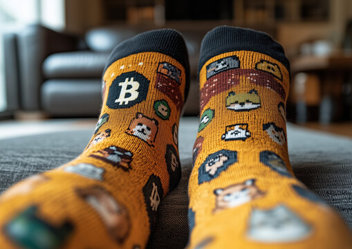 Persona sentada en el suelo, donde solo se velos pies con calcetines amarillos ocre mostaza, tem&aacute;ticos, dibujos de cripto monedas, Bitcoin, meme coins, regalo d&iacute;a de reyes