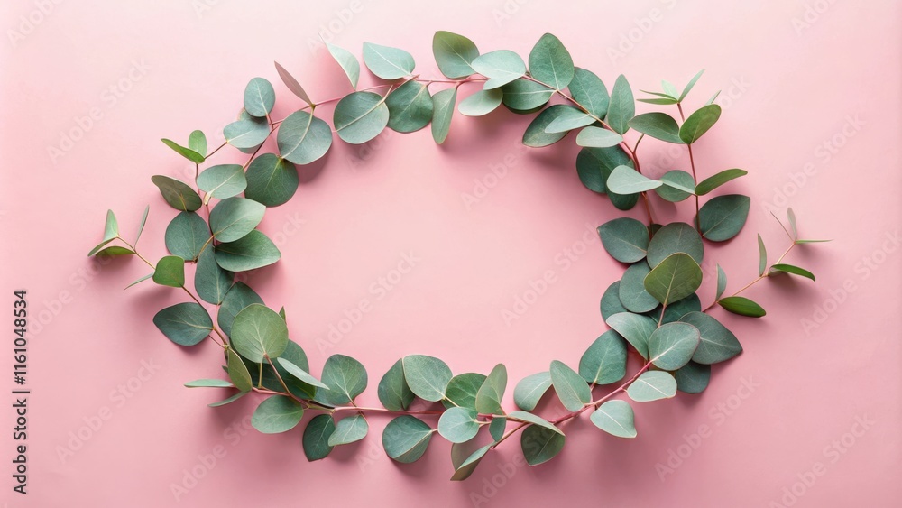Poster a delicate wreath of green leaves arranged in a circular pattern against a soft pink background.