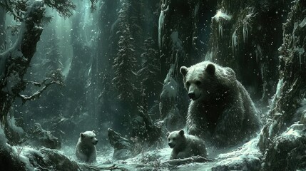 Obraz premium Mother bear and cubs in snowy forest