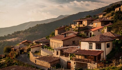 Obraz premium Hillside Village Sunset Scenic Rural Houses Mountain Landscape