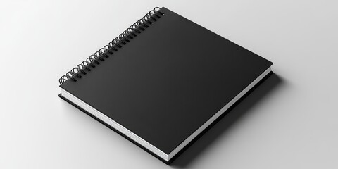 Realistic spiral bound notepad mockup template featuring a sleek black paper cover, showcased against a light grey background. This high resolution notepad mockup is perfect for presentations.
