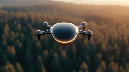 Futuristic drone with glowing ring flying over forest sunset background. Technology innovation advertisement