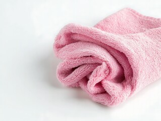 A pink towel is laying on white background