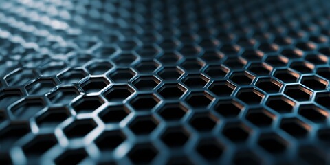 An out of focus abstract backdrop featuring a metal mesh, showcasing a warped design characterized by hexagonal lines. The hexagonal lines create a distorted pattern.