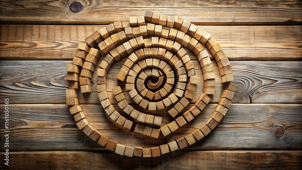Poster a spiral of wooden blocks arranged in a circular pattern against a rustic wooden background.